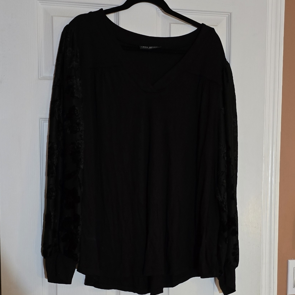 Lane Bryant Black V-Neck Blouse With Sheer Lace Sleeves